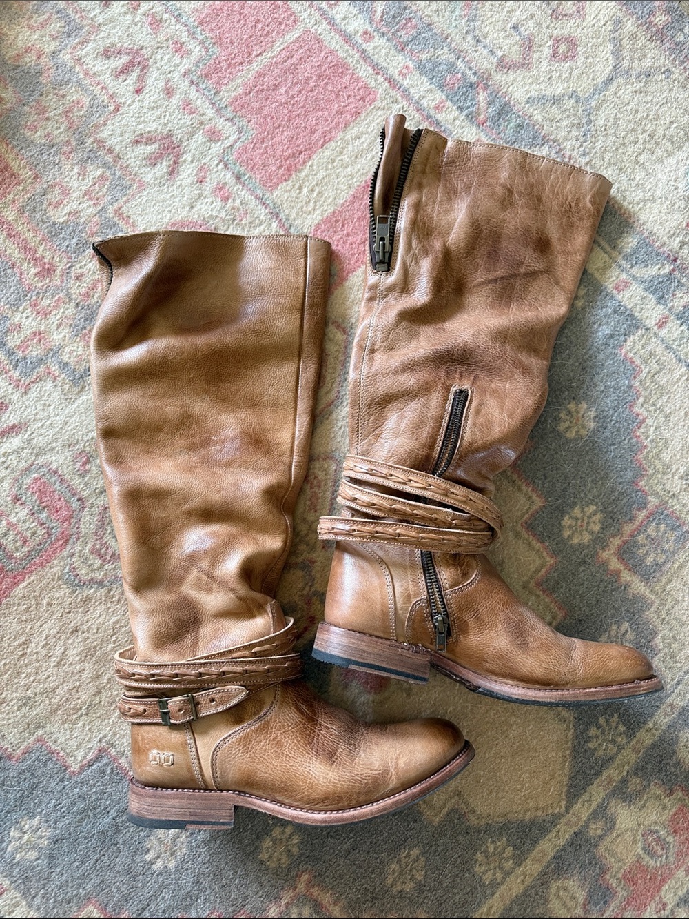 Bed Stu Eva Cognac Leather Slouch Riding Boots with Wrap Straps